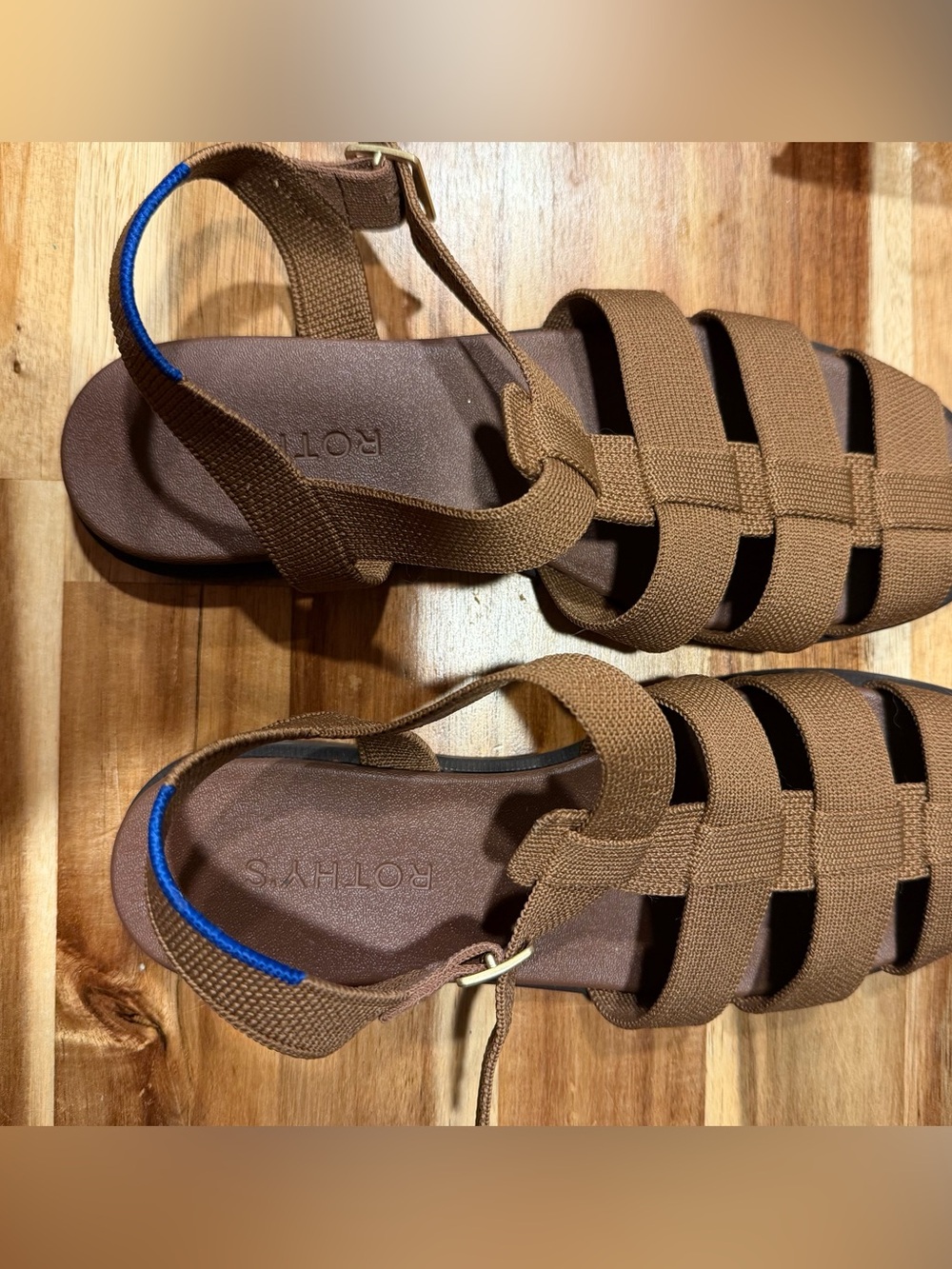 Rothy's women’s Brown Woven Strappy Sandals with Blue Heel Accent